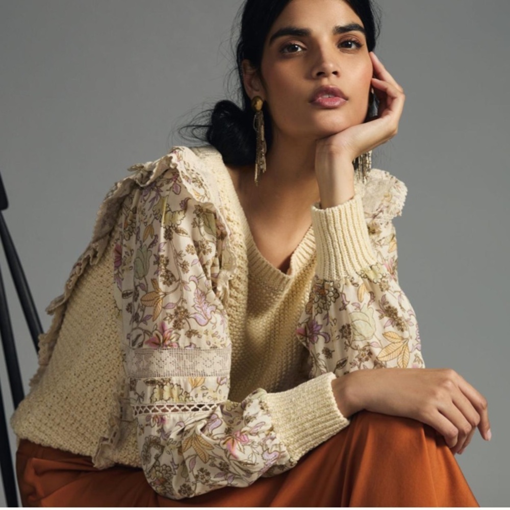 🆕 BY ANTHROPOLOGIE Printed-Sleeve Ruffle Sweater M